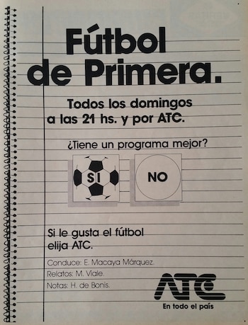 Hoja de libreta en espiral con texto impreso sobre el programa Fútbol de Primera, la transmisión por ATC y dos casilleros con Sí y No