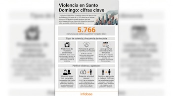 Infografía con título 'Violencia en Santo Domingo: cifras clave', mostrando estadísticas sobre denuncias, tipos de violencia, frecuencia y perfiles de víctimas y agresores.