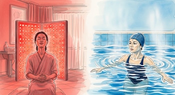Ilustración acuarela: mujer meditando ante paneles de luz roja; mujer con gorro de natación y traje de baño en piscina de agua fría.