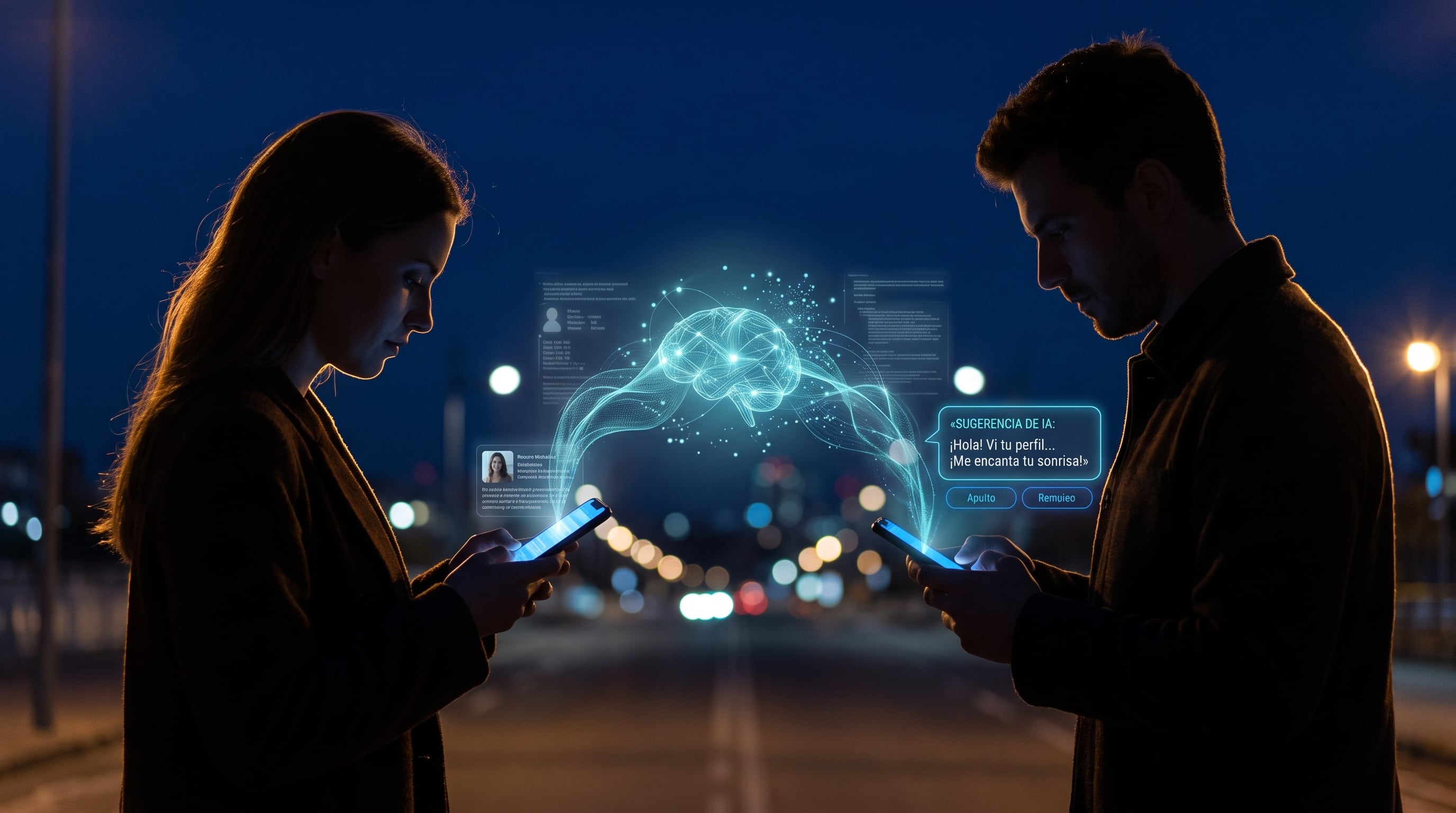 Dos personas consultan sus teléfonos en una calle nocturna mientras un gráfico digital ilustra la mediación de la inteligencia artificial en aplicaciones de citas. (Imagen Ilustrativa Infobae)