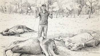 Dibujo a lápiz de un hombre con gorra y camisa, sosteniendo dos botellas de suero, de pie en un campo con tres vacas tumbadas en el suelo. Fondo de árboles.