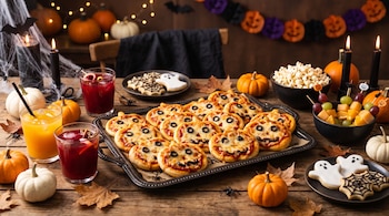 Bandeja con minipizzas decoradas con aceitunas junto a vasos de jugo, galletas con forma de fantasma, frutas picadas y calabazas sobre madera.