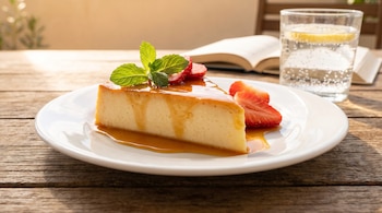 Porción de flan con caramelo, menta y fresas en plato blanco; vaso de agua con limón y libro abierto sobre mesa de madera rústica.