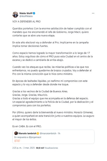 El posteo de Waldo Wolff