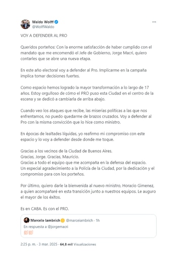 El posteo de Waldo Wolff tras ser desplazado de la cartera de seguridad porteña