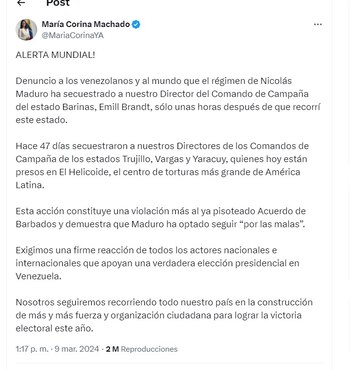 María Corina Machado denuncia secuestros