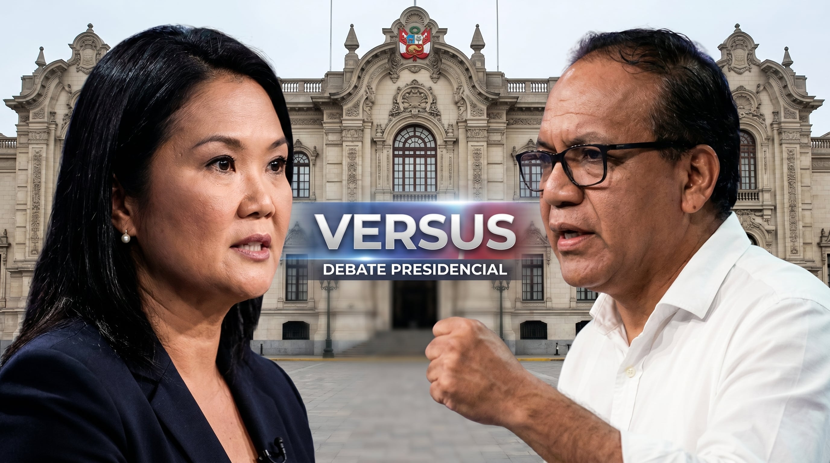 Los líderes políticos Keiko Fujimori y Roberto Sánchez aparecen en primer plano ante el Palacio de Gobierno, simbolizando su enfrentamiento en un debate presidencial crucial. (Imagen Ilustrativa Infobae)