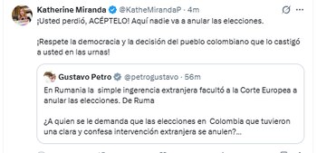 Katherine Miranda también reaccionó al texto de Petro - crédito @petrogustavo/X