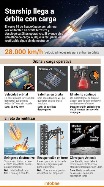 Infografía con ilustraciones del cohete Starship en el espacio, satélites Starlink V3, motores Raptor y diagramas sobre la Tierra y el mar.
