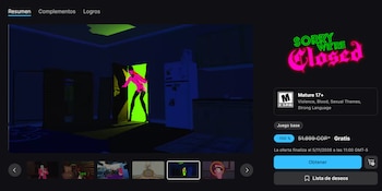 Interfaz de tienda digital con el logotipo de Sorry We're Closed, una escena del juego, datos de clasificación y un botón para obtenerlo gratis