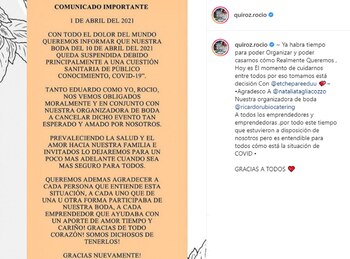 La publicación de Roció Quiroz para anunciar la suspensión de su casamiento