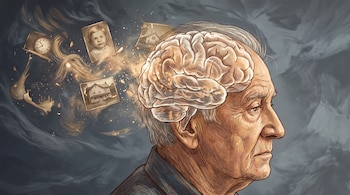 Ilustración de anciano con cerebro translúcido, del que se desprenden fotografías antiguas de un niño y casas, y un reloj roto en partículas doradas.