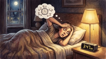 Ilustración de una persona acostada en la cama con los ojos abiertos en la oscuridad, una lámpara encendida y un reloj digital que muestra las 3:47 AM.