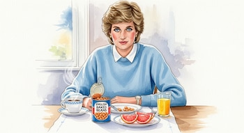 Pintura en acuarela de la Princesa Diana con cabello rubio corto, sentada a una mesa con una lata de alubias, toronja, café y jugo de naranja, junto a una ventana.
