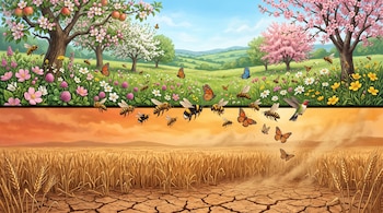 Ilustración dividida con árboles floridos y abejas en la parte superior, y un campo de trigo seco sobre suelo agrietado en la inferior.