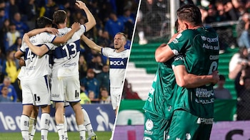 Composición dividida con jugadores de fútbol en uniforme blanco a la izquierda y futbolistas con camiseta verde abrazados a la derecha