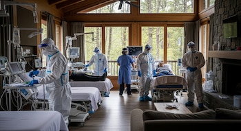 Personal sanitario con trajes protectores y visores atiende a dos pacientes en camas de hospital dentro de una habitación lujosa con paredes de madera y grandes ventanales.