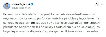 Keiko Fujimori, presidenta de Perú, manifestó que "el Perú está con ustedes" - crédito @KeikoFujimori/X
