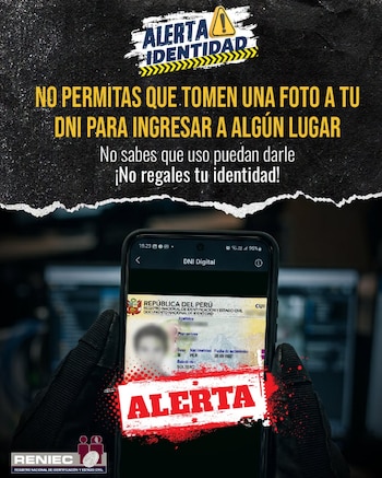 Publicar o enviar fotografías del DNI sin precaución puede dificultar el control sobre su circulación, almacenamiento y difusión por terceros. (Reniec)