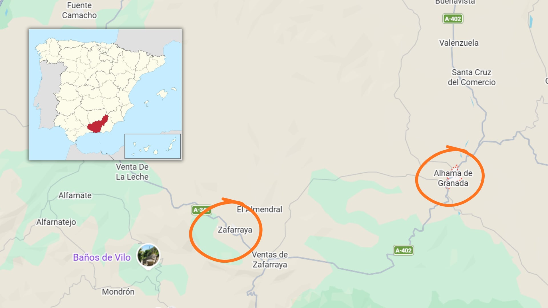Zafarraya y Alhama de Granada sobre el mapa. (Google Maps)