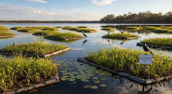 Un lago con plataformas flotantes cubiertas de vegetación verde y flores. Varias garzas y un ave oscura se posan sobre ellas. Lirios de agua visibles. Cielo azul con nubes.
