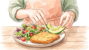 Manos de persona con delantal colocando aguacate. Plato con milanesa empanizada, ensalada de lechuga y tomate cherry. Mesa de madera clara.
