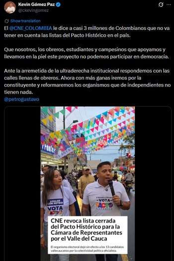 Kevin Gómez Paz llama a la movilización tras decisión del CNE sobre listas del Pacto - crédito @ckevingomez
