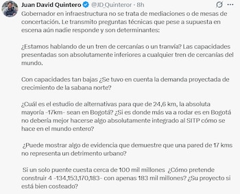 El concejal Juan David Quintero cuestionó la demanda proyectada, la integración con el SITP y el efecto de 17 kilómetros del recorrido en la capital, además de los recursos para puentes adicionales y su sostenibilidad - crédito Juan David Quintero/X