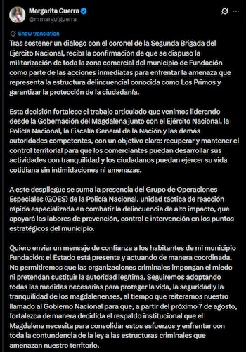 Como respuesta a la situación de seguridad en Fundación, la gobernadora anunció la militarización de toda la zona comercial del municipio - crédito @mmarguiguerra/X