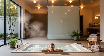 Mujer con ojos cerrados está en un jacuzzi con agua burbujeante y vapor. El baño moderno tiene ventanas, plantas, toallas apiladas y un área de ducha.