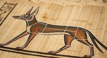 Primer plano de un papiro antiguo con una ilustración de un chacal marrón y verde, con líneas blancas sobre el contorno, sobre un fondo de papiro texturizado.