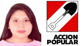 Fotografía de retrato de una mujer junto al logotipo del partido Acción Popular, que presenta una pala sobre un fondo rojo y blanco