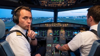 Dos pilotos masculinos en la cabina de un avión; uno hace el gesto de silencio con un dedo en los labios mientras su copiloto mira hacia la pista de aterrizaje.