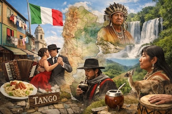 Un mapa de Argentina, bandera italiana, pareja de tango, acordeón, plato de pasta, hombre y mujer indígenas, hombre bebiendo mate, llama, cataratas, tambor, cartel "TANGO".