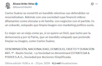El expresidente colombiano acusó a Carlos Suarez como bandido y cobarde - crédito @AlvaroUribeVel/X
