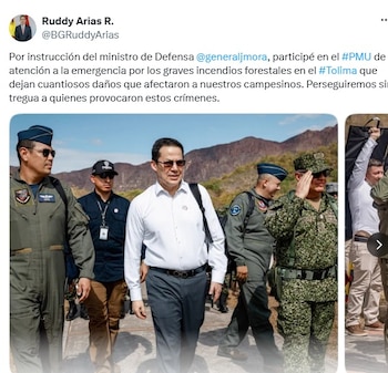 Ruddy Arias, viceministro de Defensa en la zona más afectada del Tolima por los incendios forestales - crédito @BGRuddyArias/X