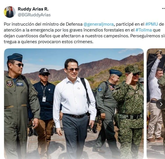 Ruddy Arias, viceministro de Defensa en la zona más afectada del Tolima por los incendios forestales - crédito @BGRuddyArias/X