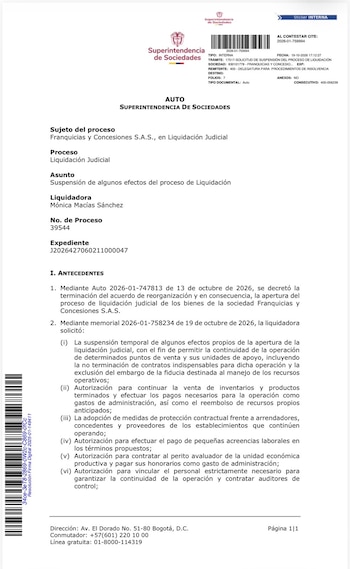 Presto mantendrá operativos sus restaurantes y su planta, además de conservar a sus empleados, mientras busca un comprador que garantice la continuidad del negocio - Superintendencia de Sociedades