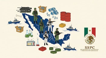 Ilustración plana: mapa de México con figuras de soldados y marinos, armas, drogas (fentanilo), químicos, laboratorios y embarcaciones. Logo SSPC a la derecha.