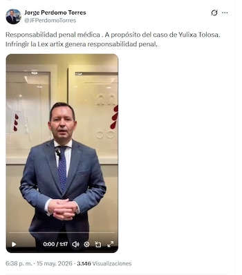 El exfiscal se refirió al caso de Yulixa Toloza el viernes 15 de mayo de 2026 - crédito @JFPerdomoTorres/X