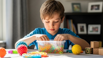 Niño en camiseta azul manipulando cuentas de agua coloridas en un recipiente. Juguetes sensoriales y bloques de madera están sobre la mesa, con luz natural.