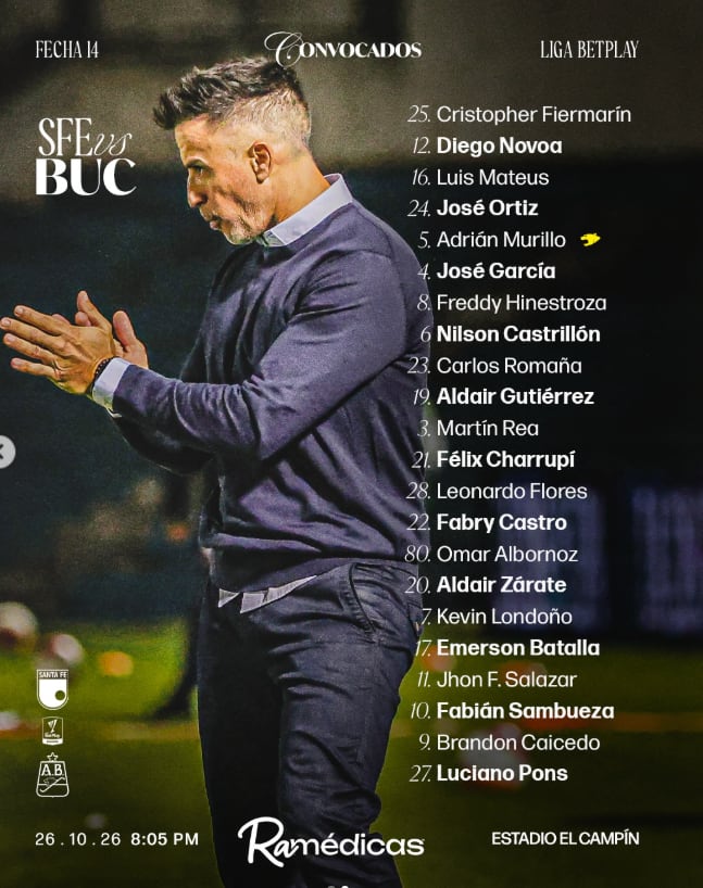 La nómina de convocados de Atlético Bucaramanga para enfrentar a Independiente Santa Fe - crédito @bucaramangaoficial/Instagram