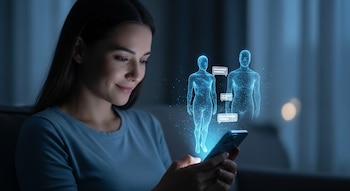 Una mujer sonriente mira su smartphone del que emergen dos figuras holográficas azules con forma humana, en una habitación con poca luz. Ella sostiene el teléfono.