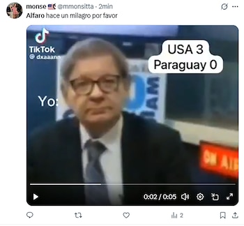 Captura de pantalla de un video con un hombre serio de gafas y traje. Texto superpuesto dice 'USA 3 Paraguay 0' y 'Yo:'. Logo de TikTok visible