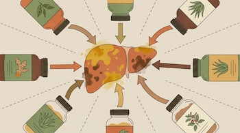 Ilustración de frascos de suplementos como té verde y cúrcuma rodeando un hígado humano estilizado con manchas amarillas y marrones, flechas indican conexión.