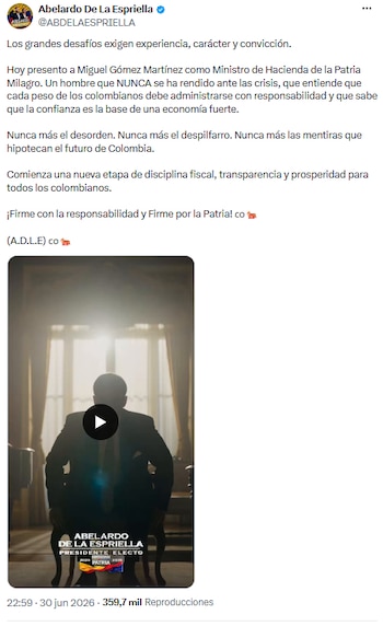 Abelardo de la Espriella designó a Miguel Gómez Martínez en Hacienda y prometió disciplina fiscal para Colombia - crédito @ABDELAESPRIELLA/X
