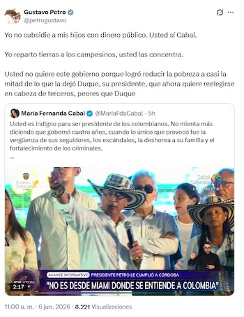 El presidente Gustavo Petro responde a María Fernanda Cabal y la acusa de usar dinero público - crédito @petrogustavo/X