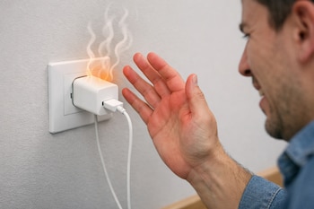 Primer plano de la mano de un hombre apartándose de un cargador blanco enchufado a la pared, del que emana calor y humo visiblemente.