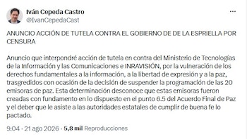 El senador Iván Cepeda entutelará al gobierno por suspender contenido de emisoras de paz en el país - crédito @IvanCepedaCast/X