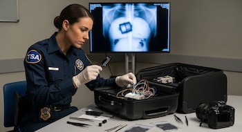 Mujer con uniforme de la TSA y guantes blancos inspecciona dispositivo con cables en maleta abierta usando una lupa. Monitor muestra radiografía de objeto en pecho; herramientas y cámara en mesa.